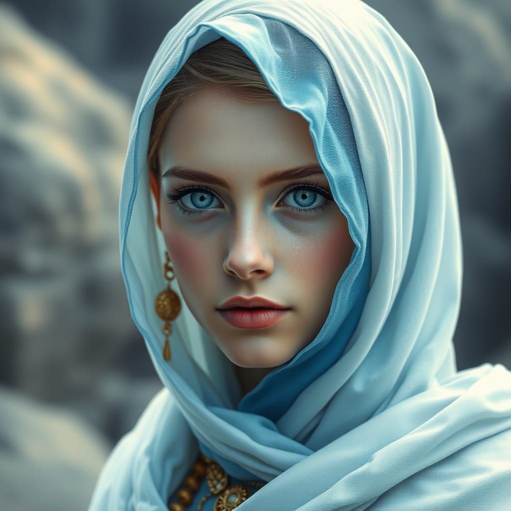 Ethereal Beauty in Blue Headscarf: Hyper-Realistic Digital A...
