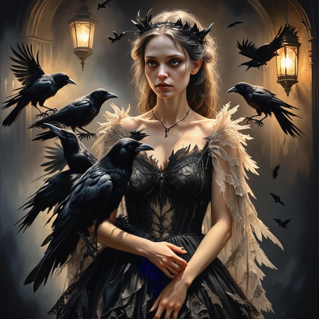 Fairy Woman Feeds Crows in Gothic Hyperrealism