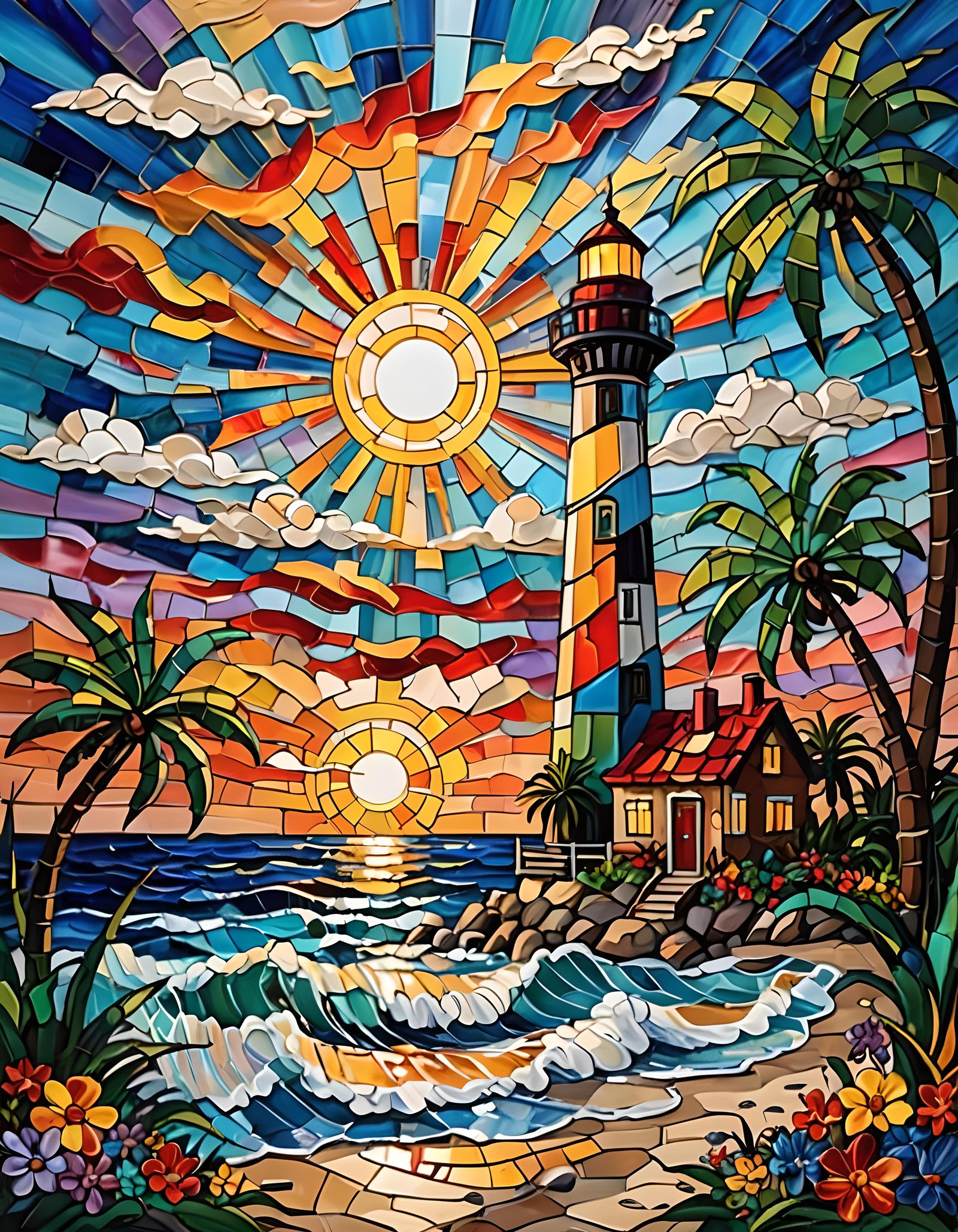 Neo-Impressionist Beach Sunset in Impasto Stained Glass Styl...