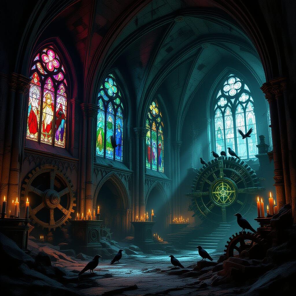 Villain's Hideout Beneath Ruined Gothic Cathedral