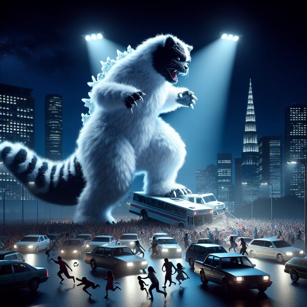 A towering giant obese fluffy white and black Catzilla monster trampling cars in a city at night with spotlights shining...