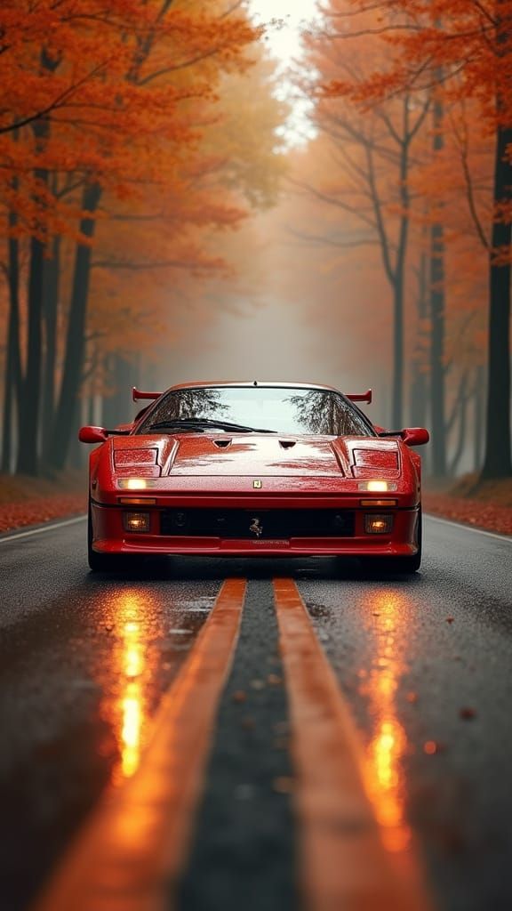 Hyper-Realistic Ferrari 288 GTO Speeding Down a Fall Foliage...
