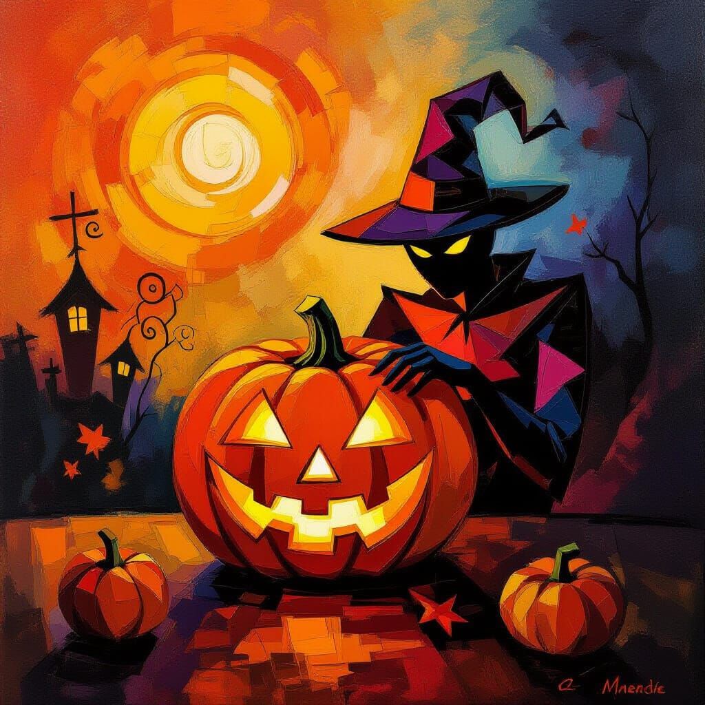 Abstract Halloween Orange as Sun & Fire in Expressionist Sty...