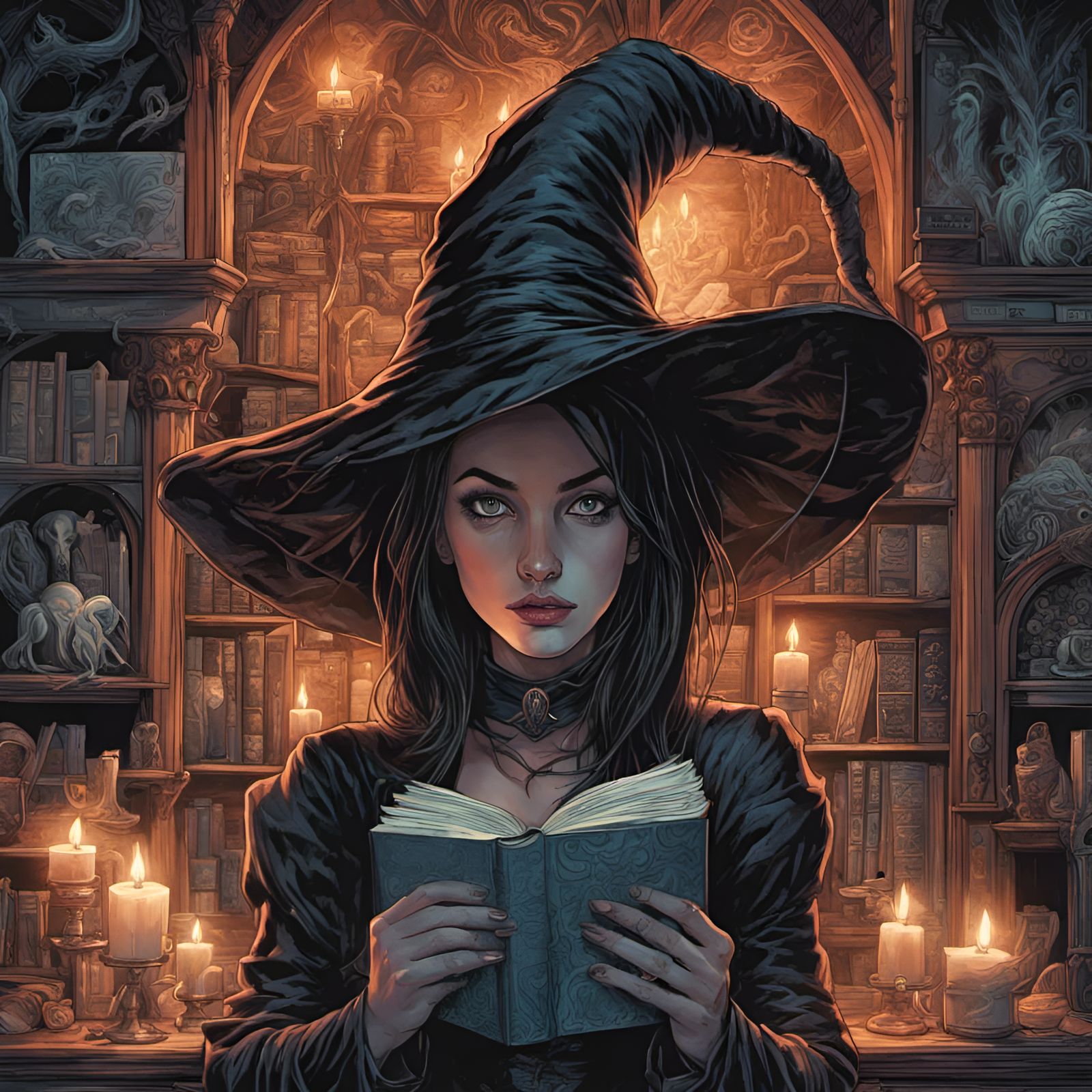 Eldritch Gothic Witch in a Bookstore