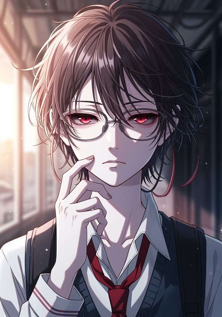 Anime Character Portrait with Red Eyes and Glasses