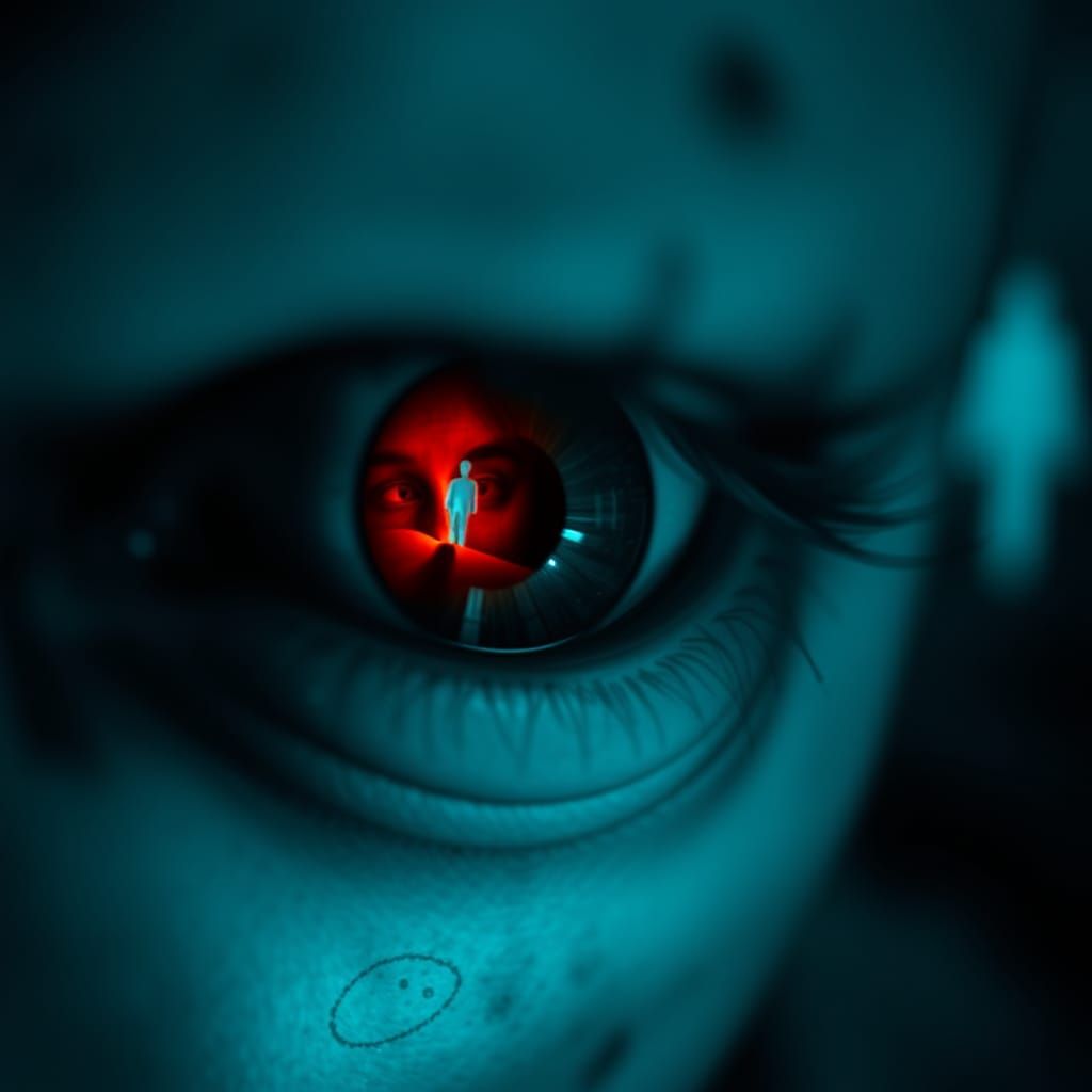 Ghostly Eye Reflecting a Horror Scene in Macro