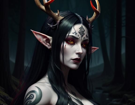 Demon Elf Female Portrait with Stag Antlers