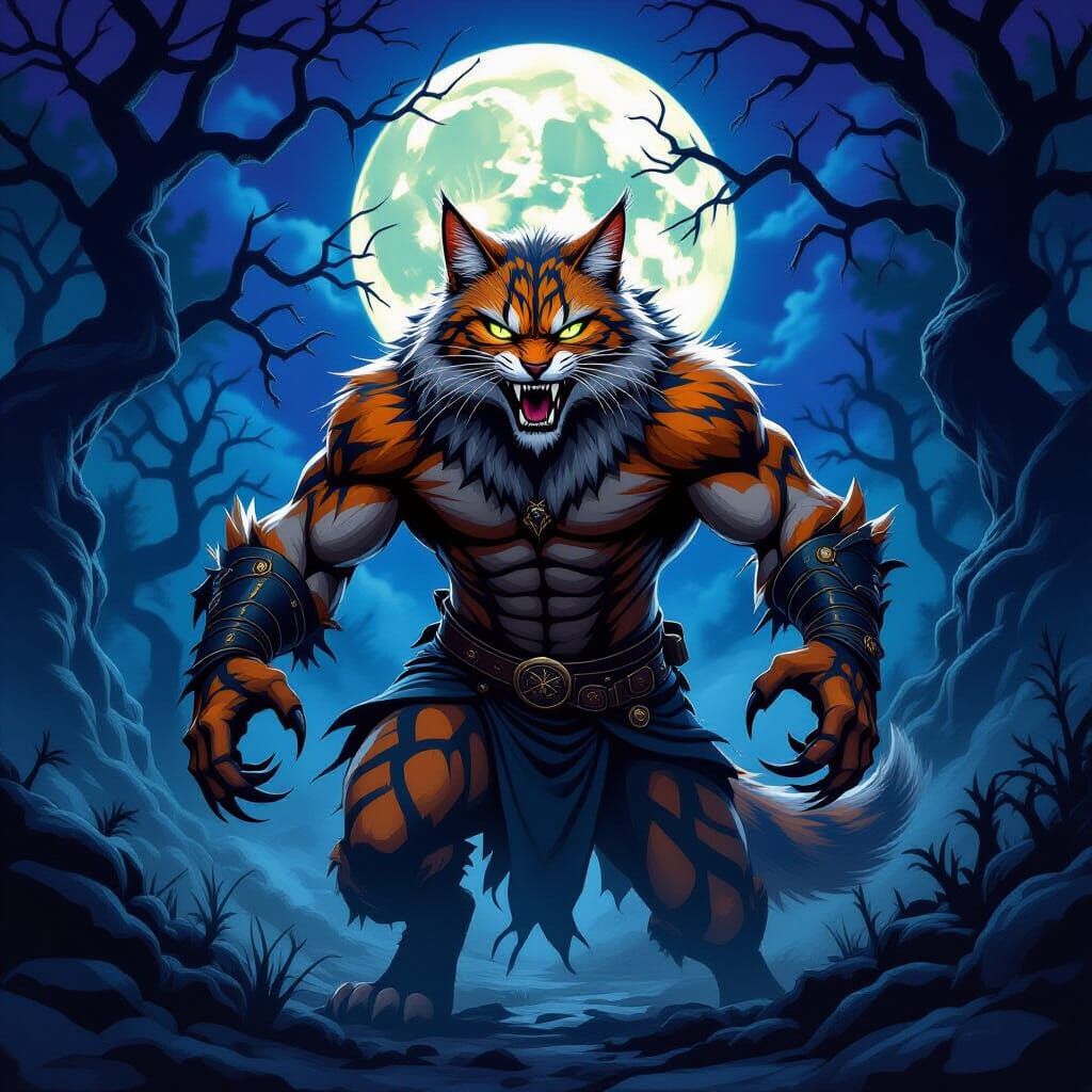 Tabaxi Werewolf Transformation in Gothic Forest