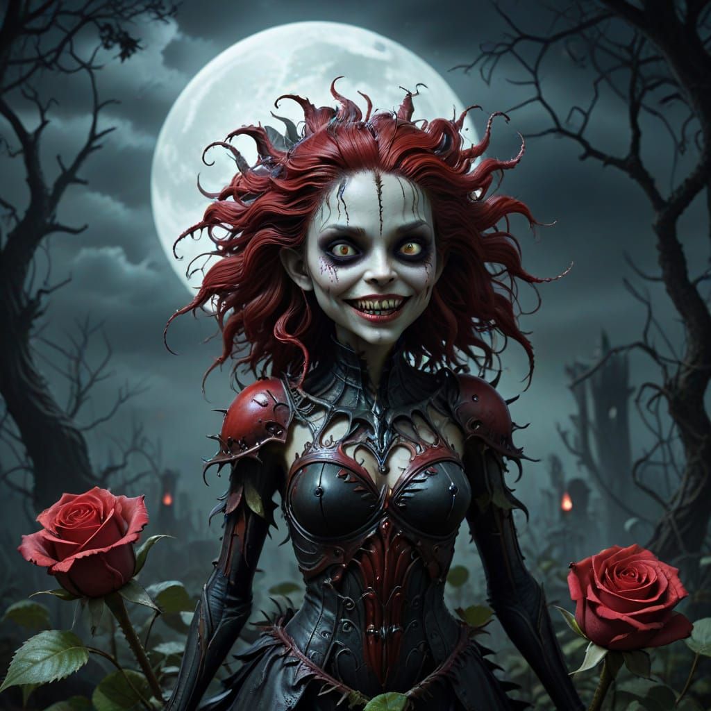 Dark Fantasy Rose Blooms with Deadly, Blood Red Buds in Moon...
