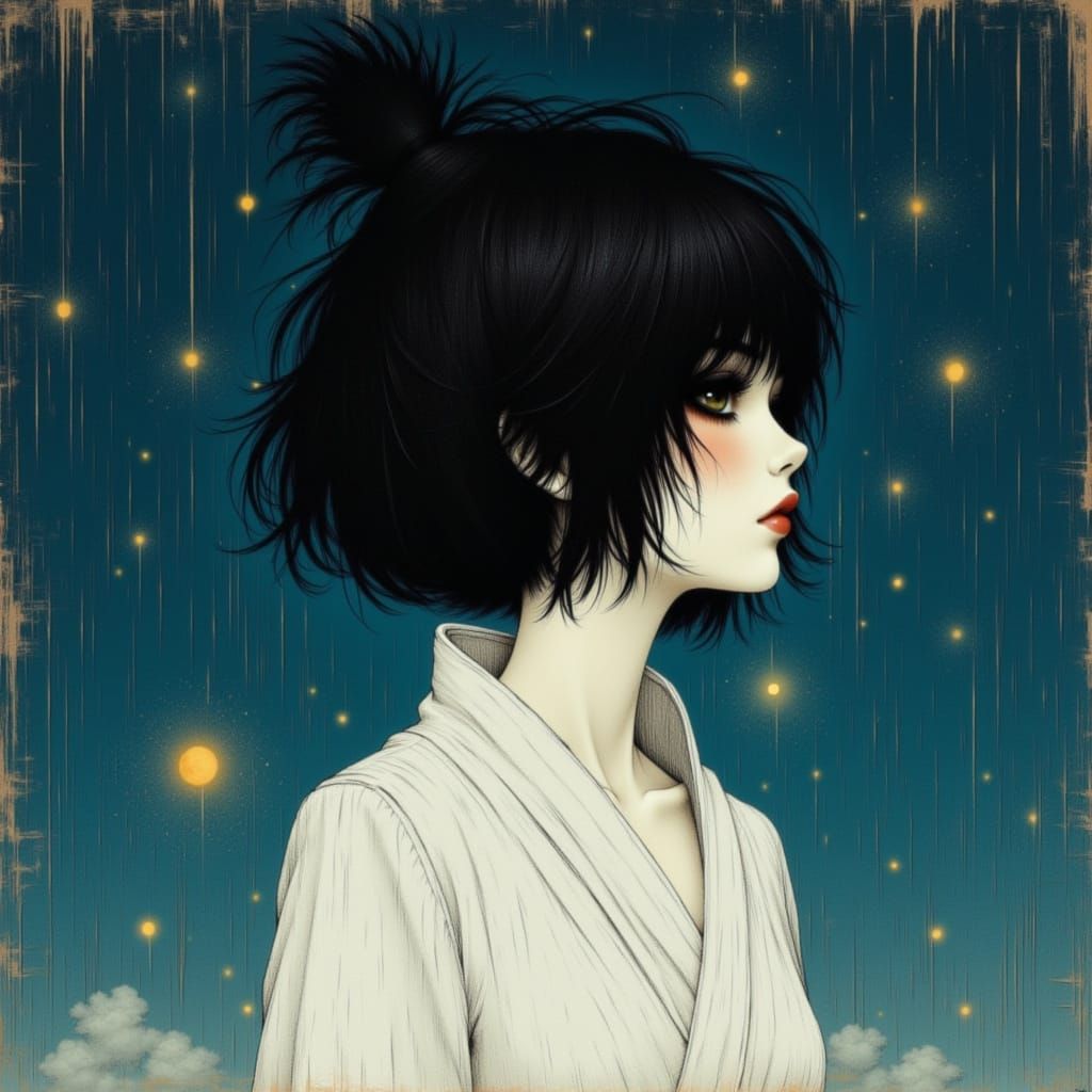 Girl in White Dress Gazes at Stars in 3/4 View