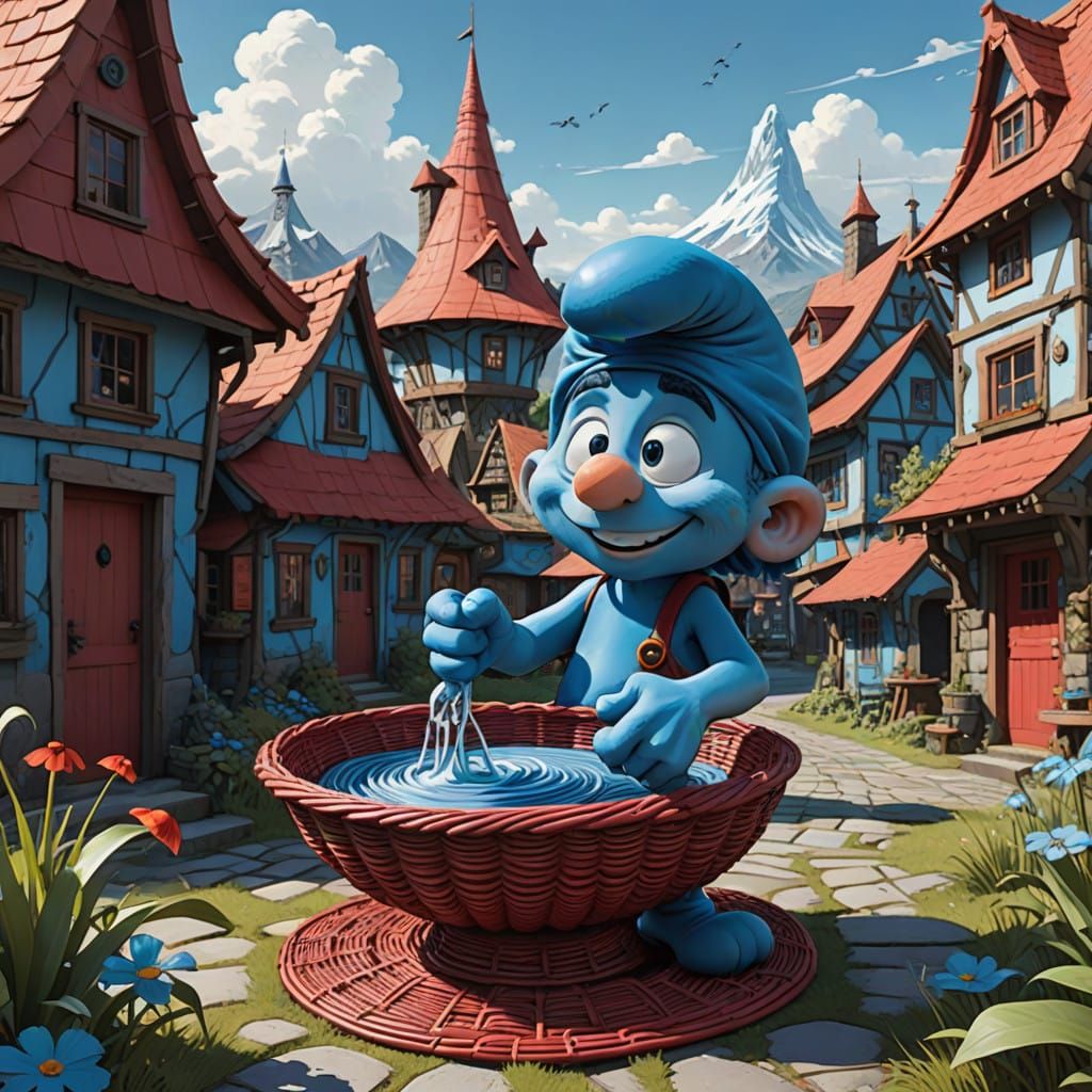 Vibrant Smurf in Whimsical Village Scene