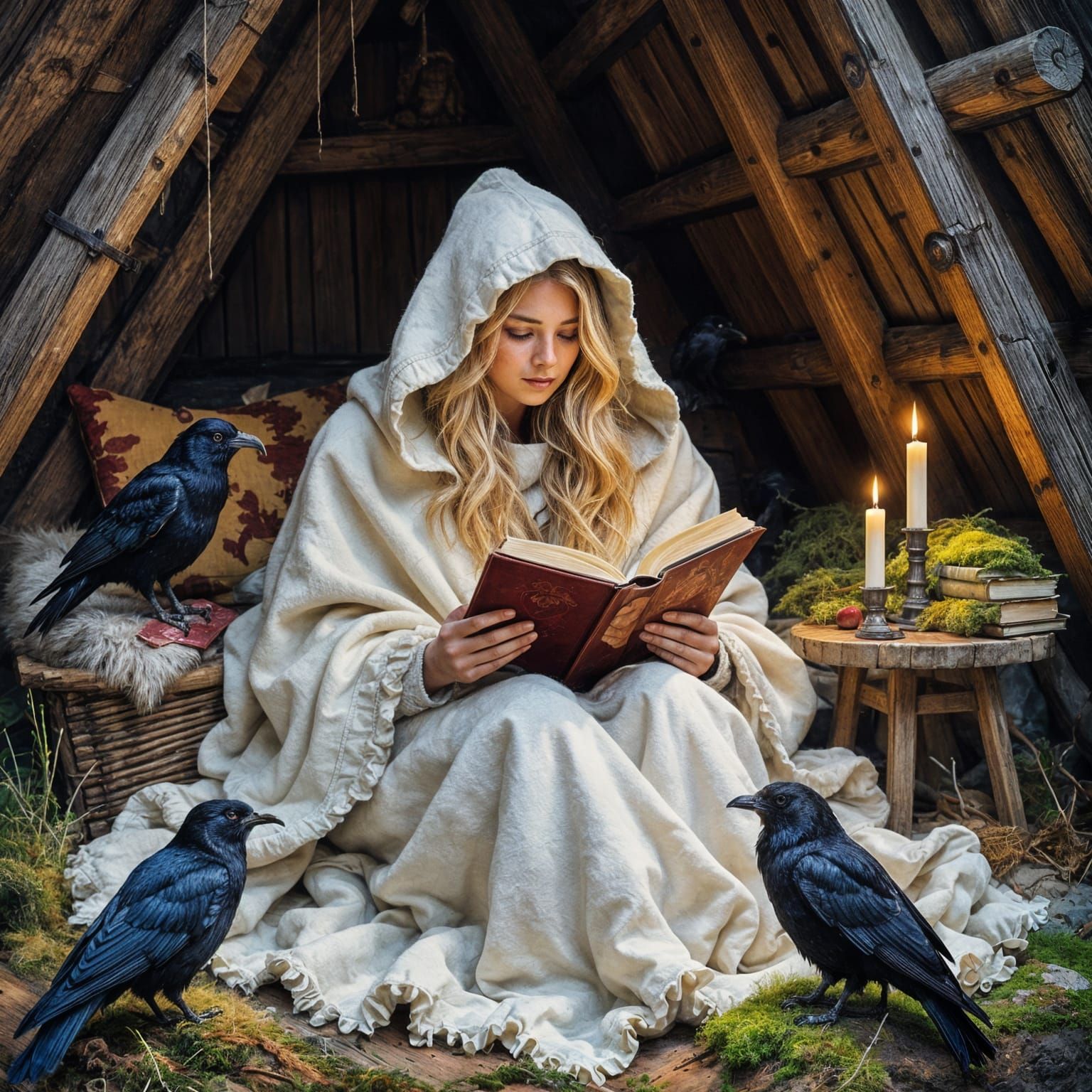 Cozy Scandinavian Reading Nook with Ravens
