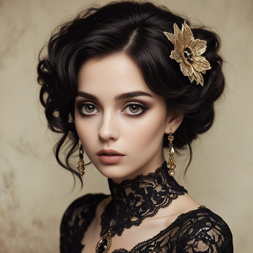 Elegant Woman with Expressive Eyes and Lace Gown