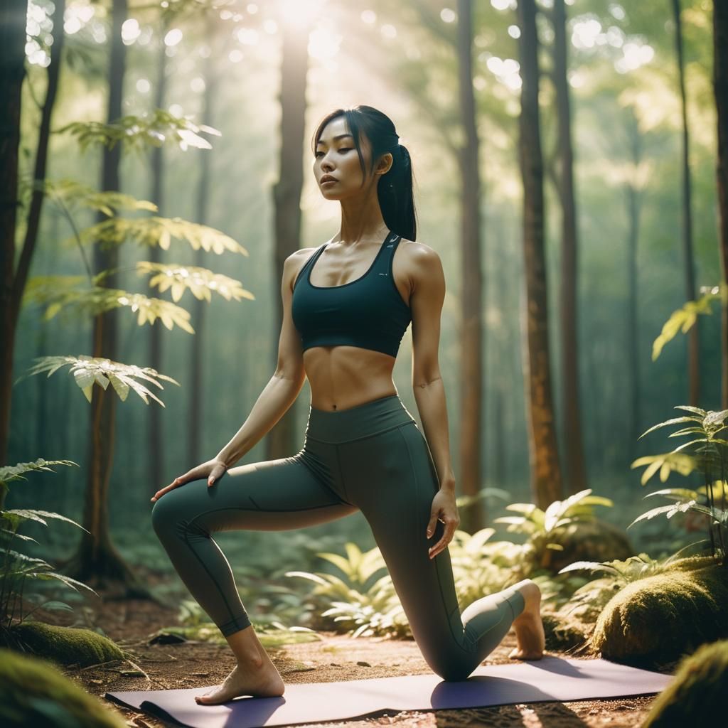 Asian Woman Practicing Yoga in Mystical Forest
