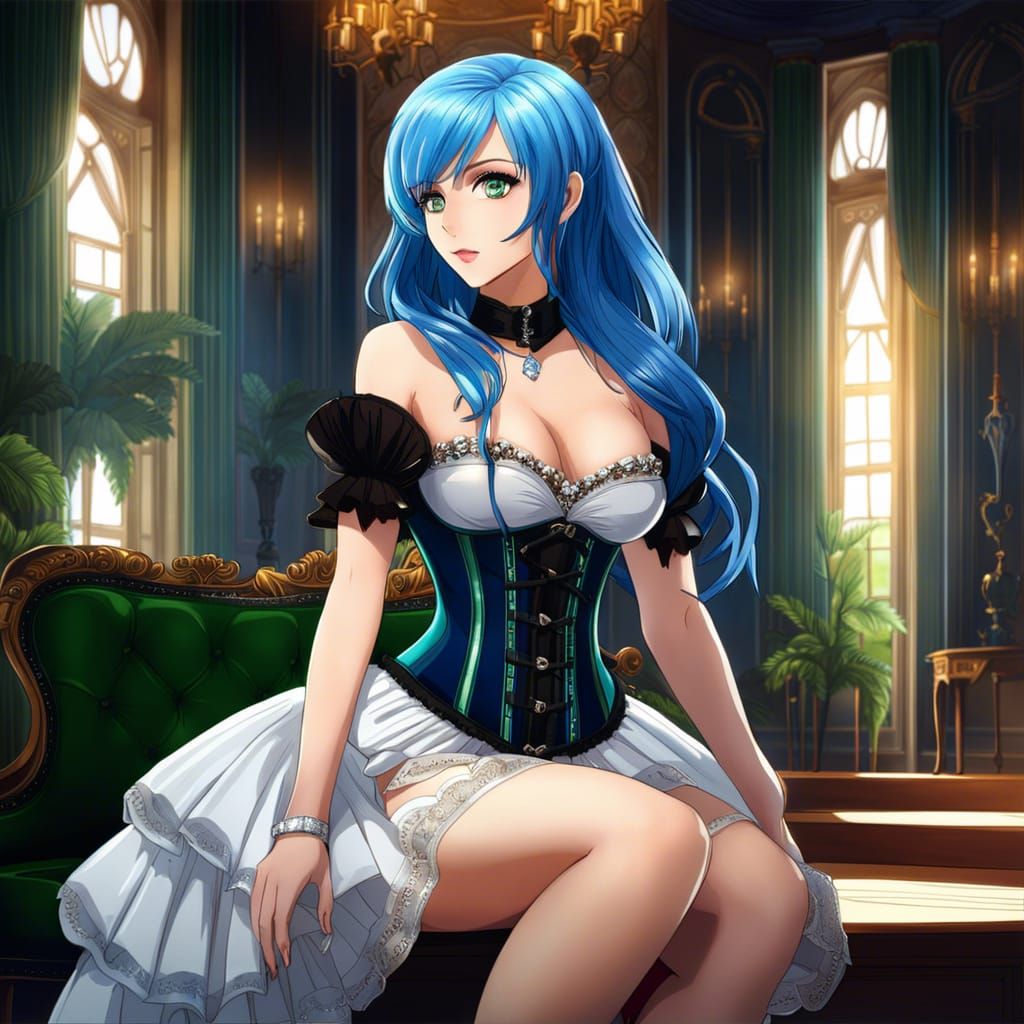 Anime Woman with Blue Hair in Mansion Interior