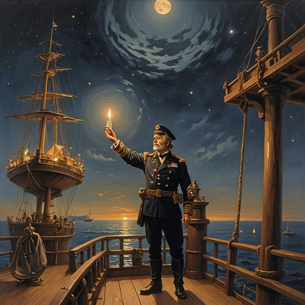 Captain with Candle on Ship at Night