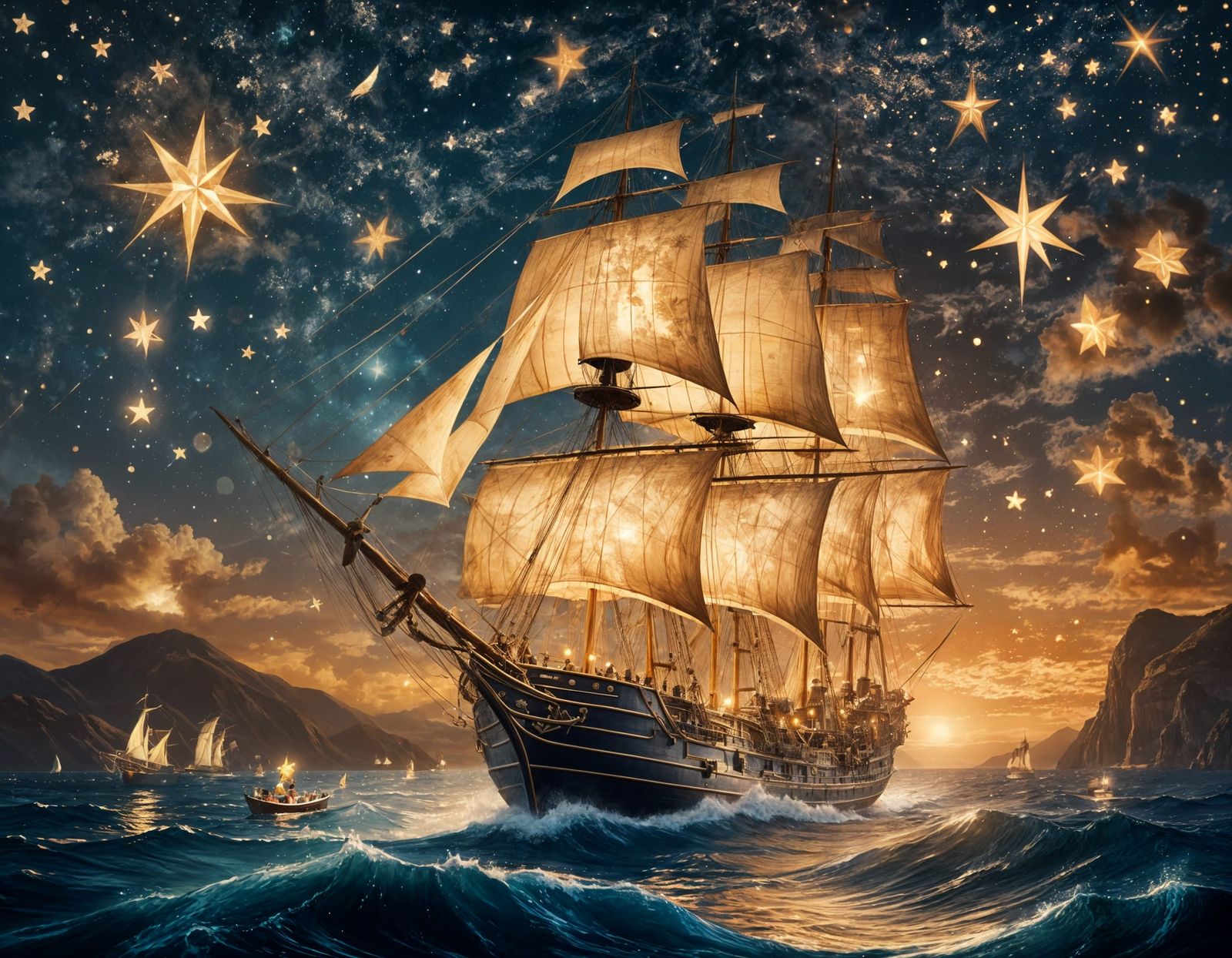 Vintage Sailing Ship Under Starry Night Sky