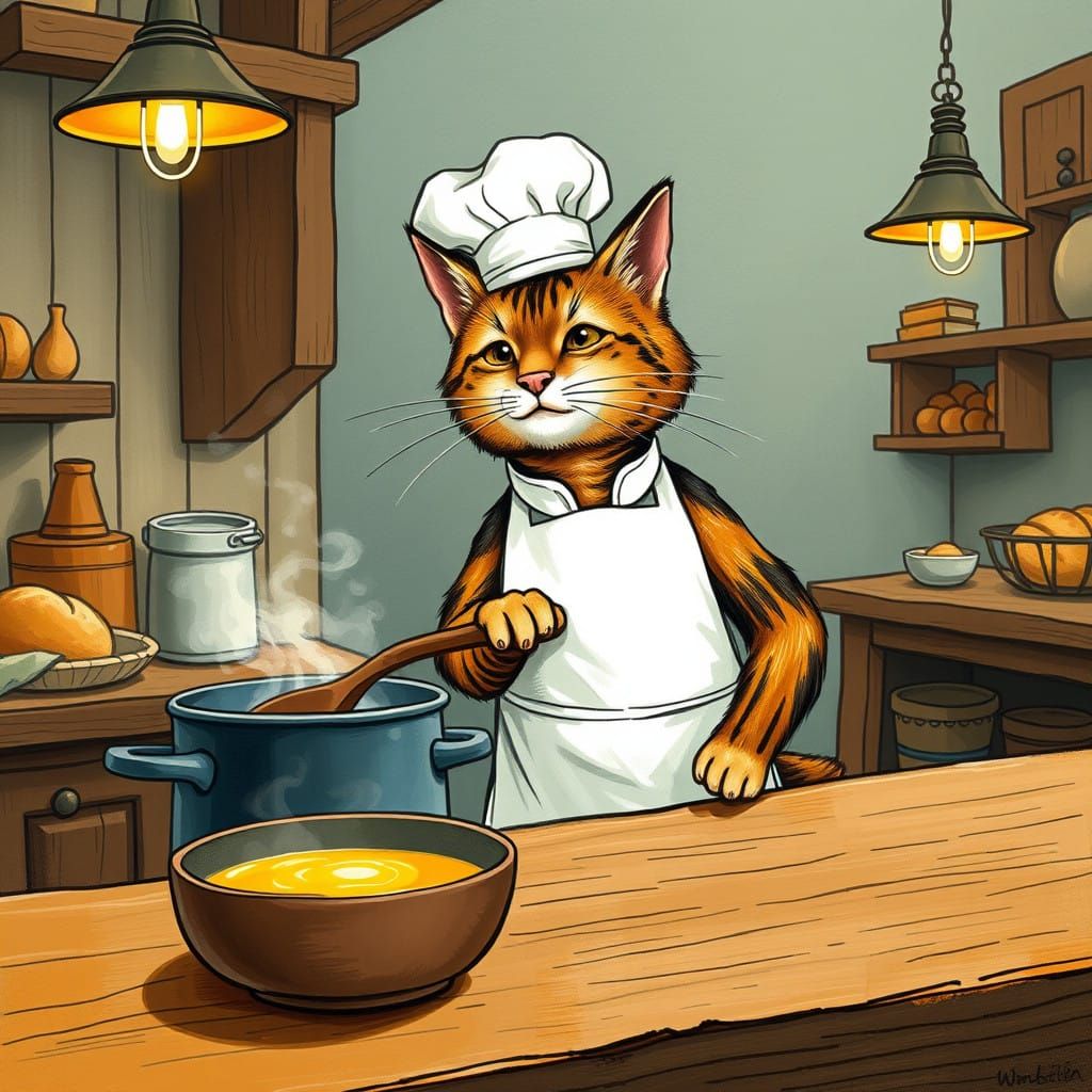 Whimsical Feline Chef in Cozy Kitchen Scene