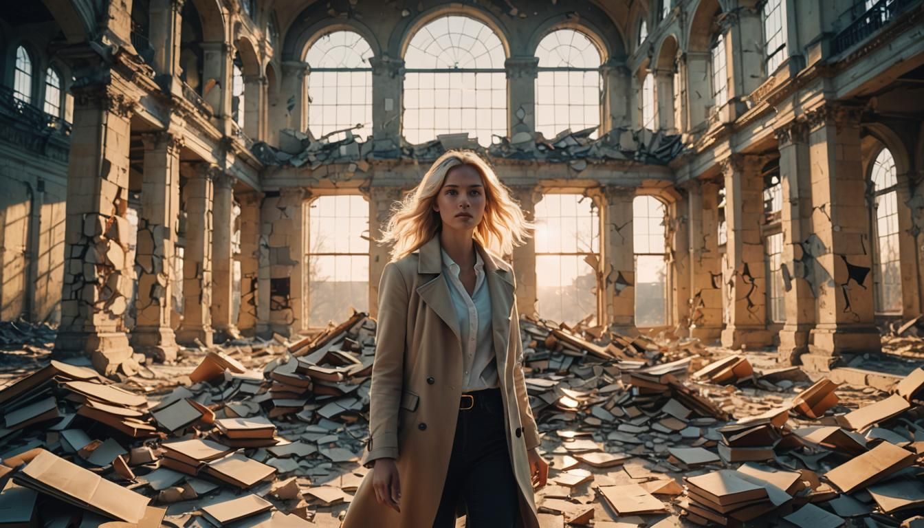 Woman Walks Through Ruins of Library at Sunset
