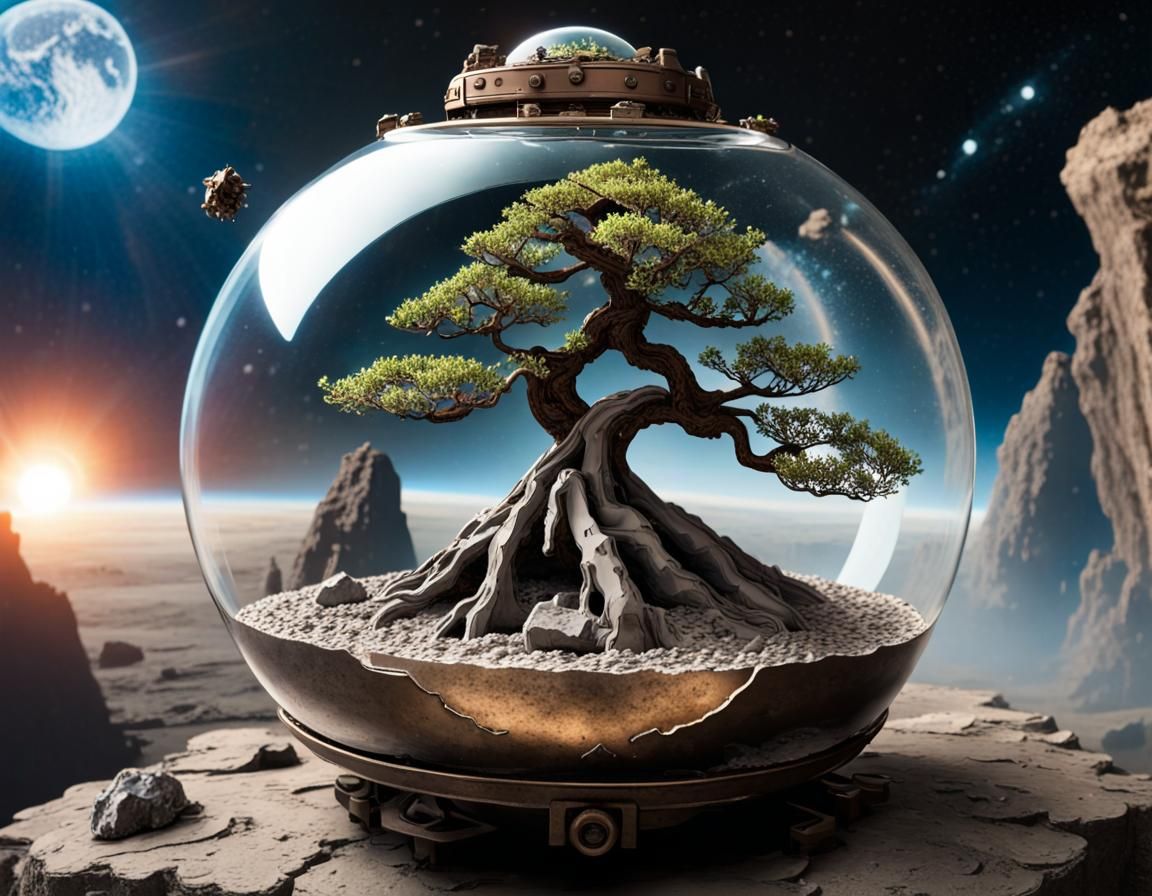 Steampunk Bonsai Tree Travels Through Space