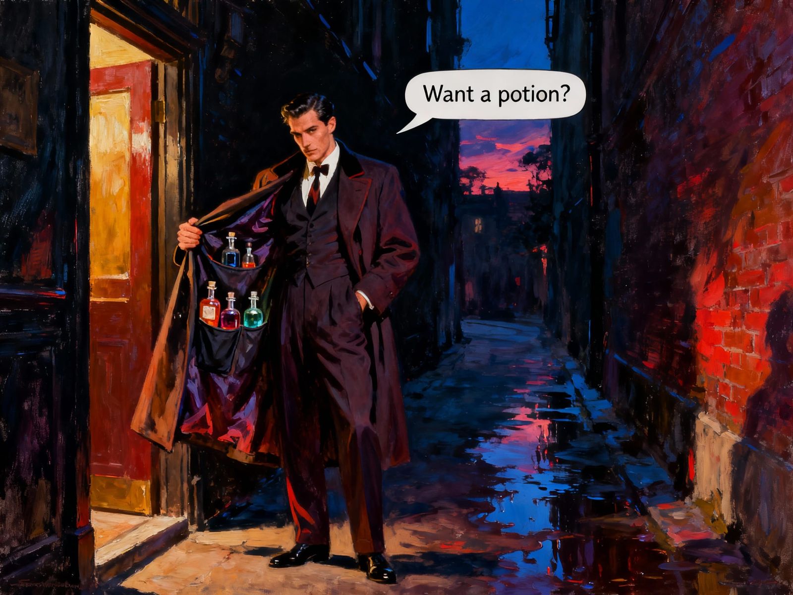 Sly Man Offers Potions in Dark Alleyway Oil Painting