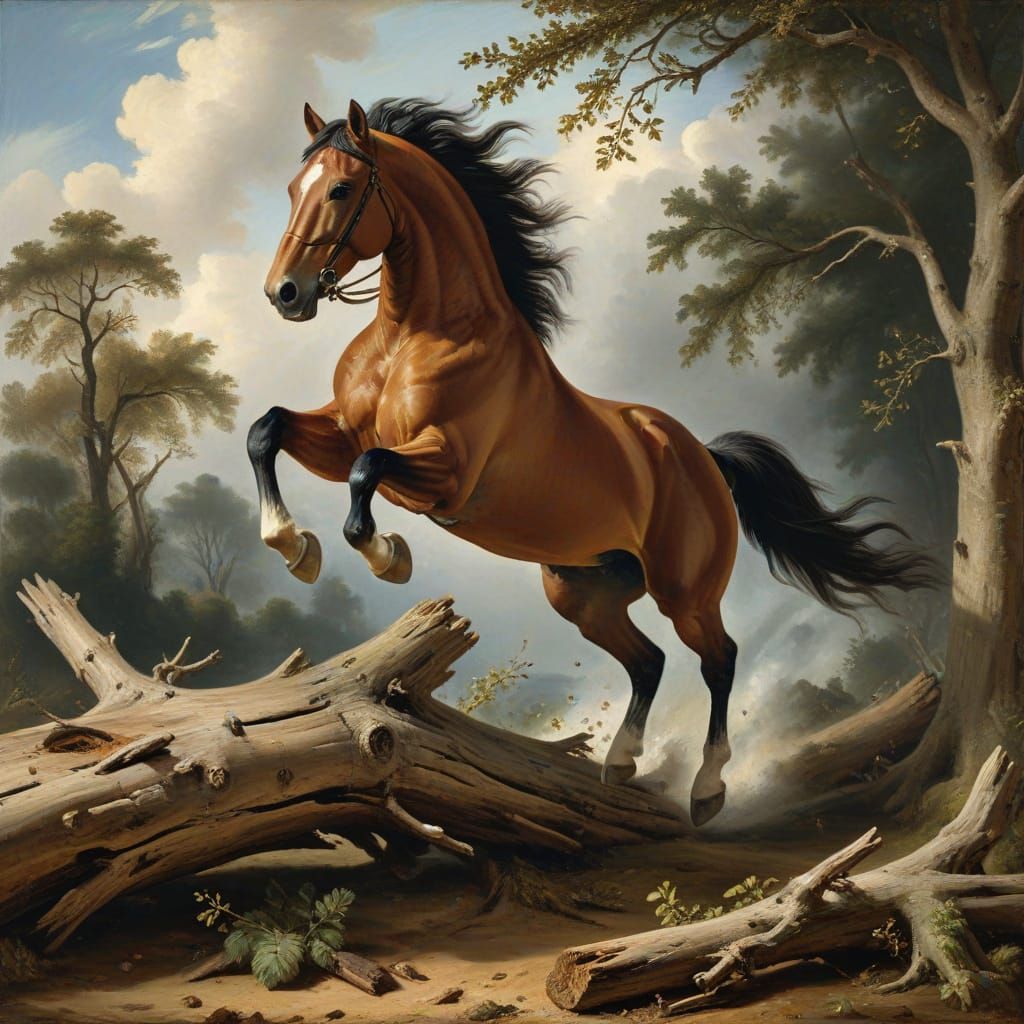 A spirited horse jumping over a fallen log. oil painting Eug...