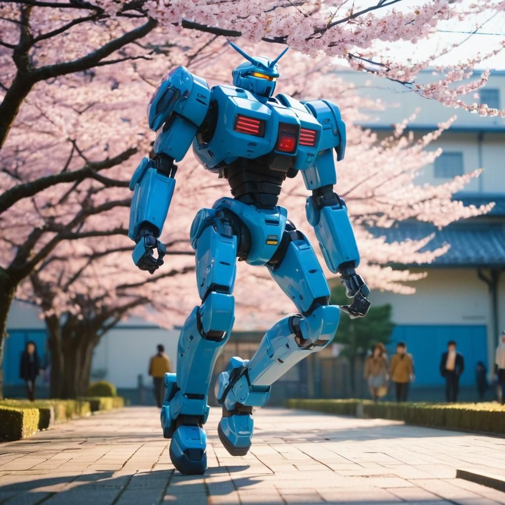 Anime Girl Escapes Giant Robot: Cinematic Film Still