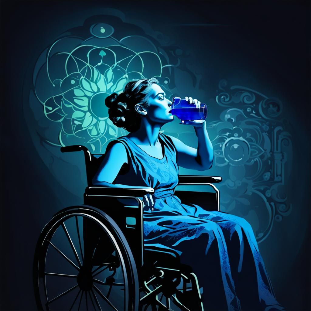 Woman in Wheelchair Drinking Blue Electrolyte, Mucha Style