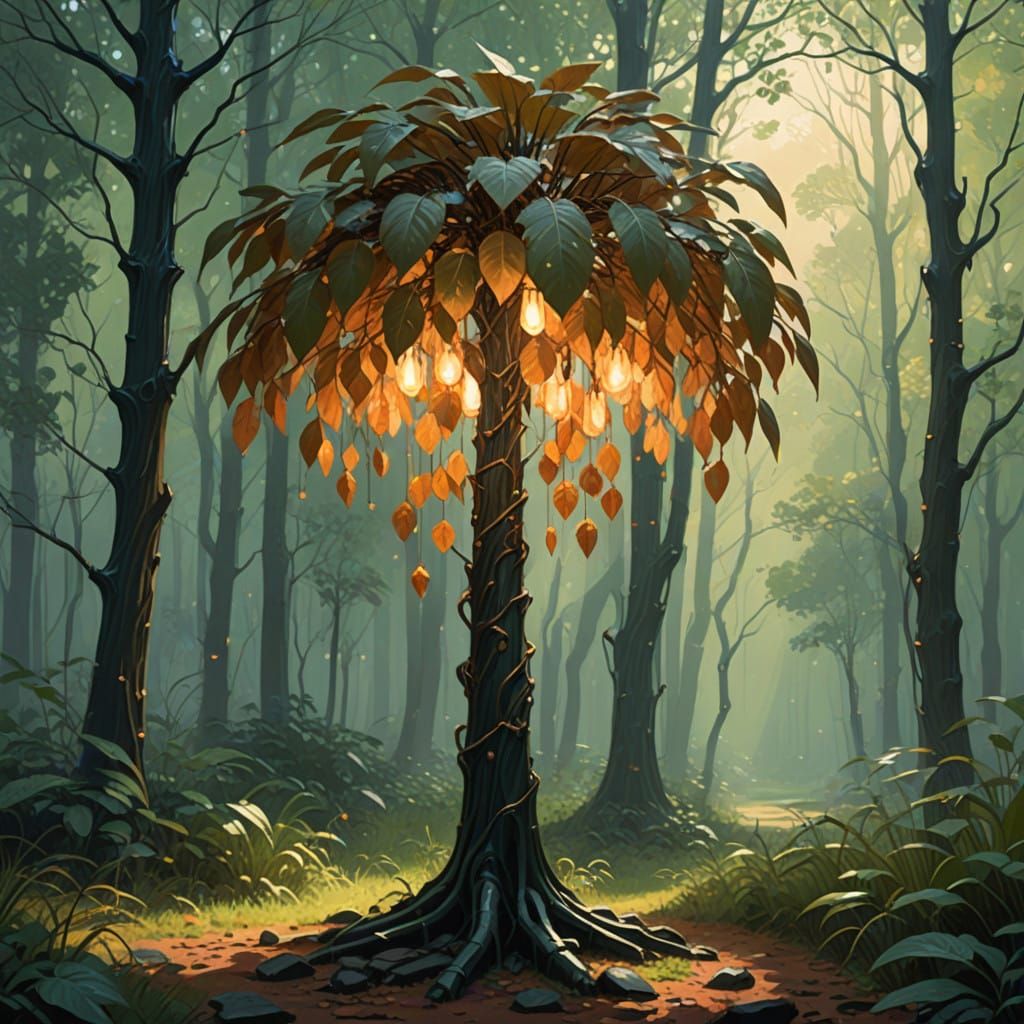 Luminous Morning Lamp Tree in Whimsical Forest