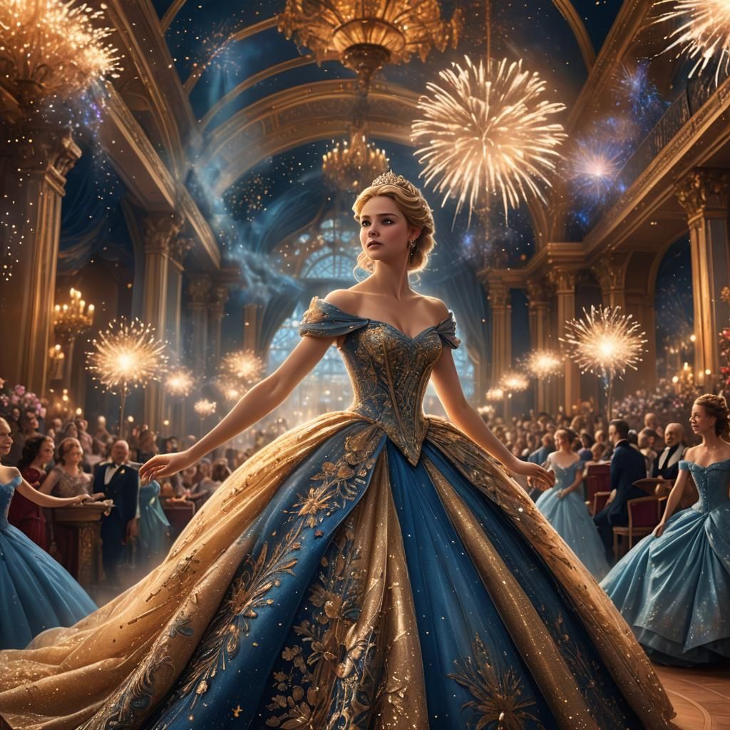 Cinderella in Ornate Ballroom with Fireworks