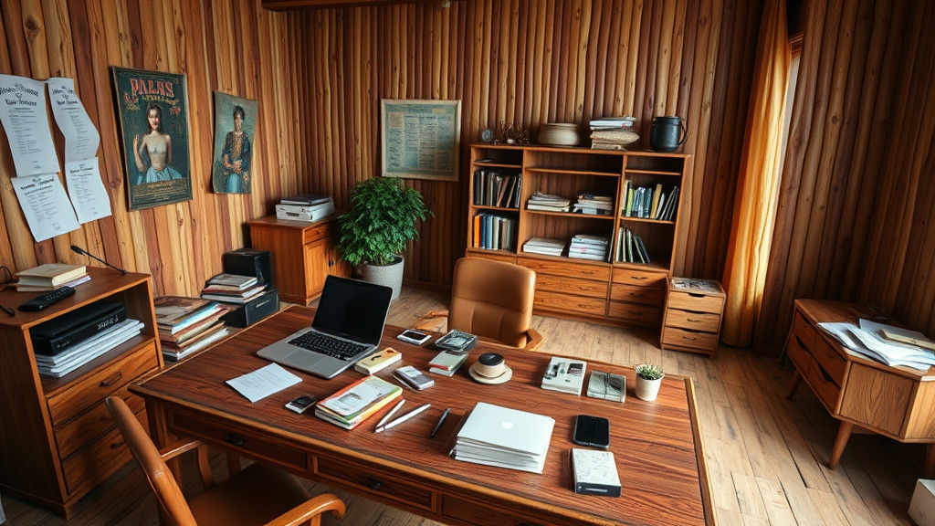 Cluttered Workspace with Laptop and Project Drawings