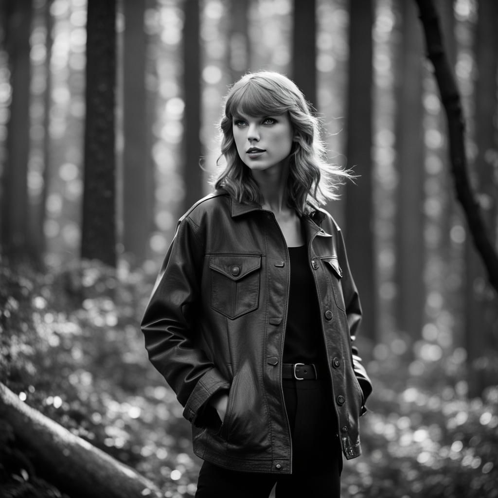 Taylor Swift in Forest: Black and White Portrait