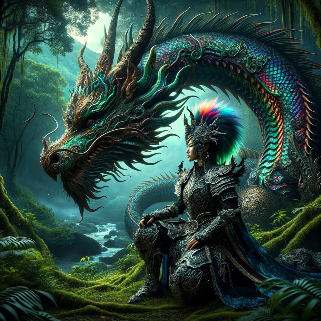 Dragon and Warrior Woman in Neon Rainbow Forest Clearing