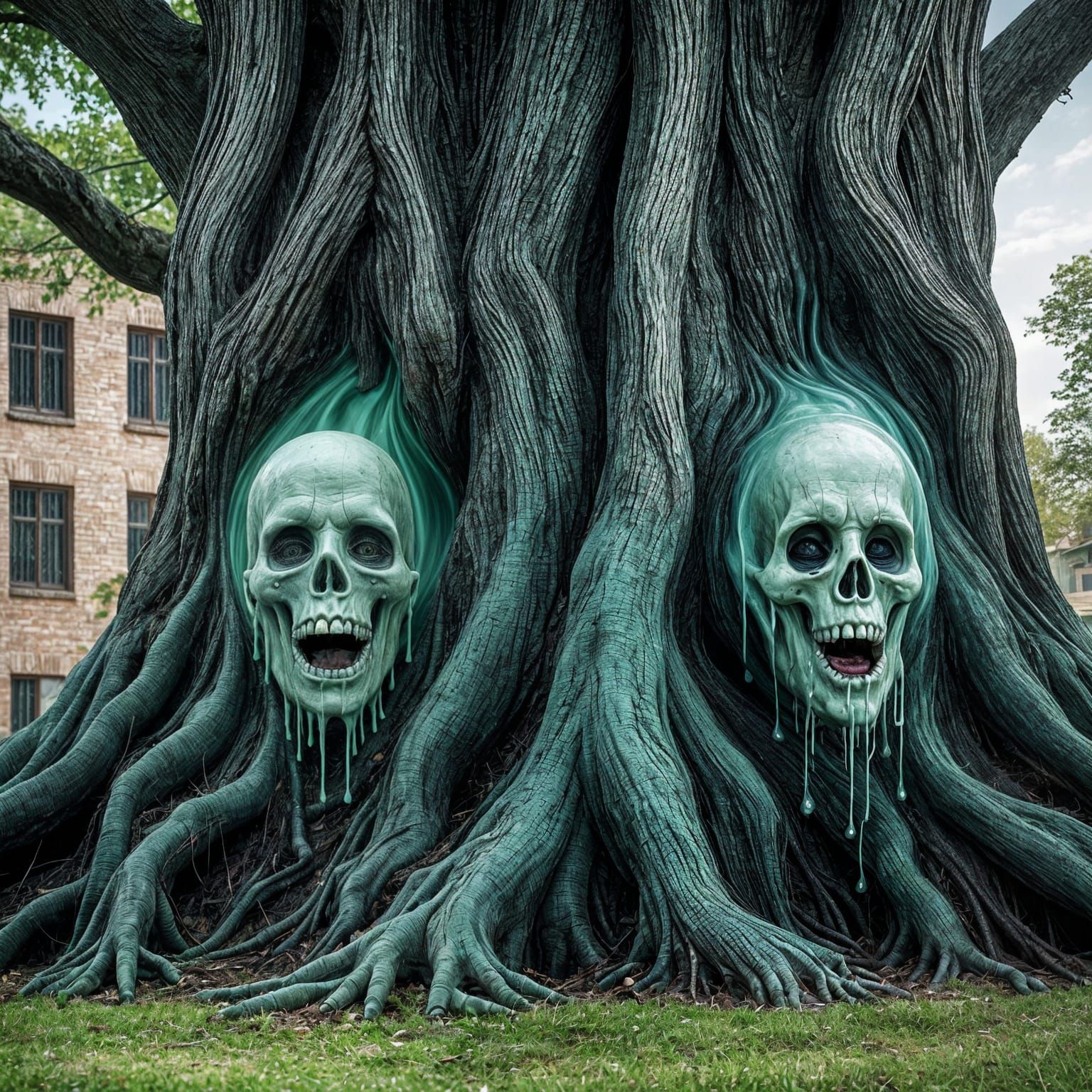 Eerie Apparitions Emerge from Tree in Hyperrealistic Style