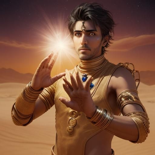 A male desert dweller with cosmic powers emitting from his h...