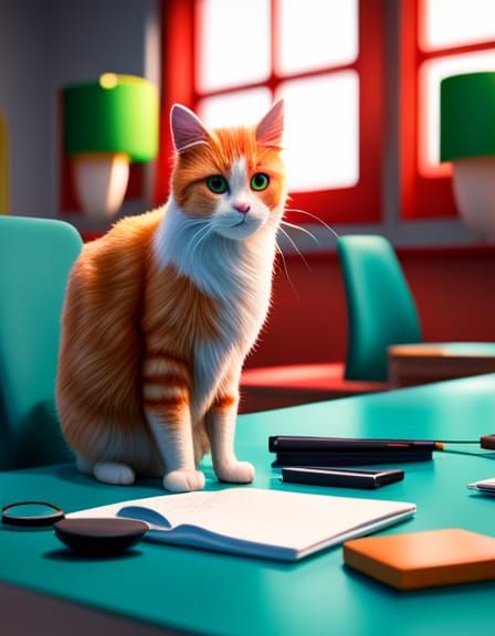Hyperrealistic Cat Working in Office as 3D Digital Art