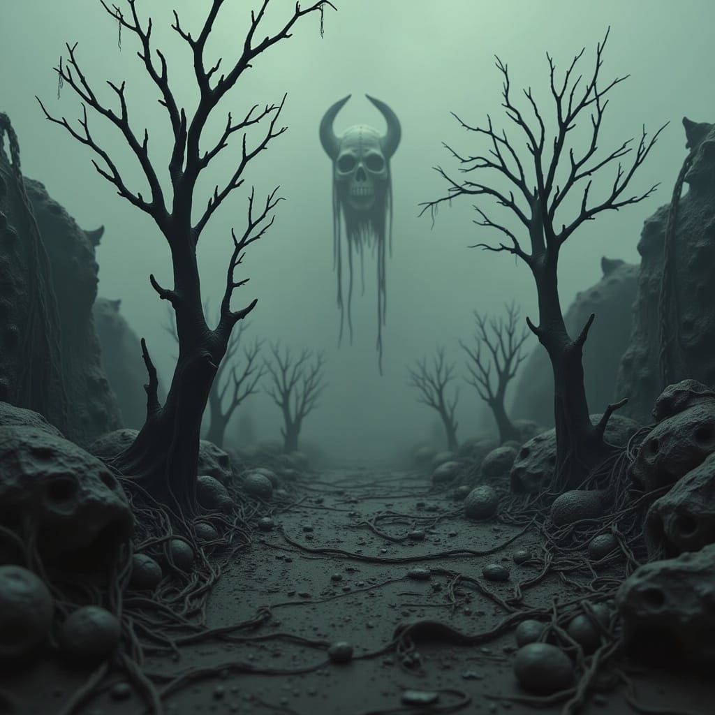 Desolate Landscape in Somber, Surreal Style