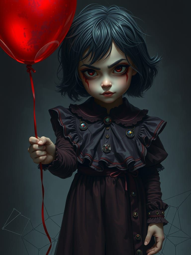 Mischievous Girl with Red Balloon in Dark Fantasy Style