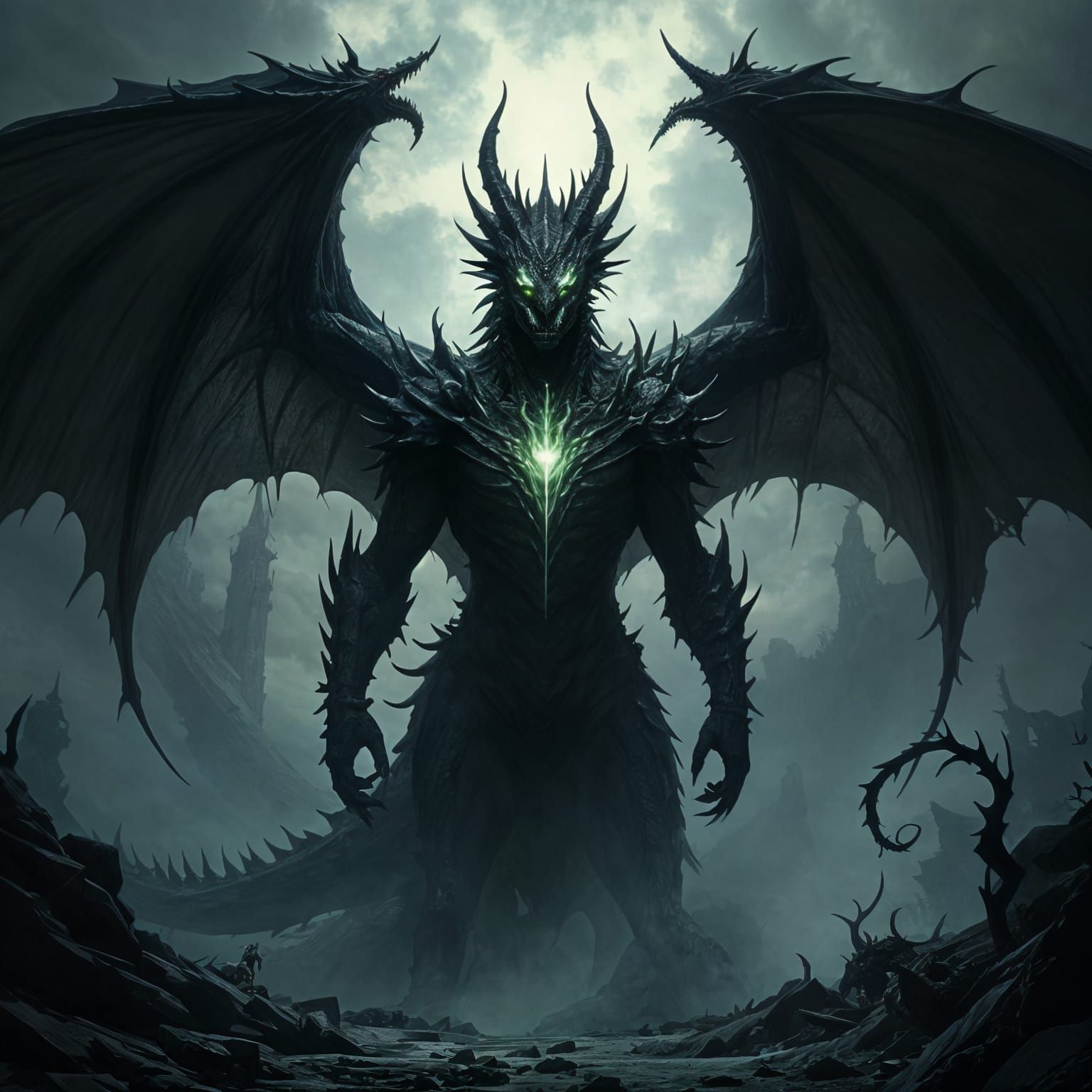 Colossal Shadow Dragon with Emerald Eyes in Gothic Style