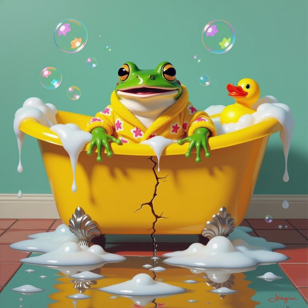 Shocked Frog Flooding Bathtub in Whimsical Style