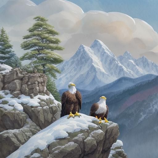 Eagle Nest on Snowy Mountain: Gouache Impressionist Painting