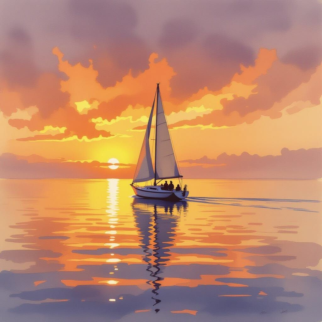 Solitary Sailboat on Calm Ocean at Golden Hour