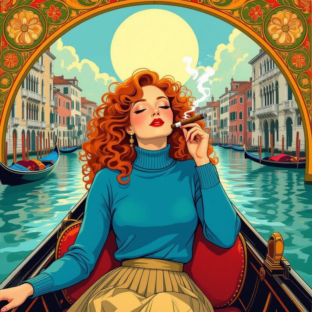 Woman in Gondola, Art Nouveau Style