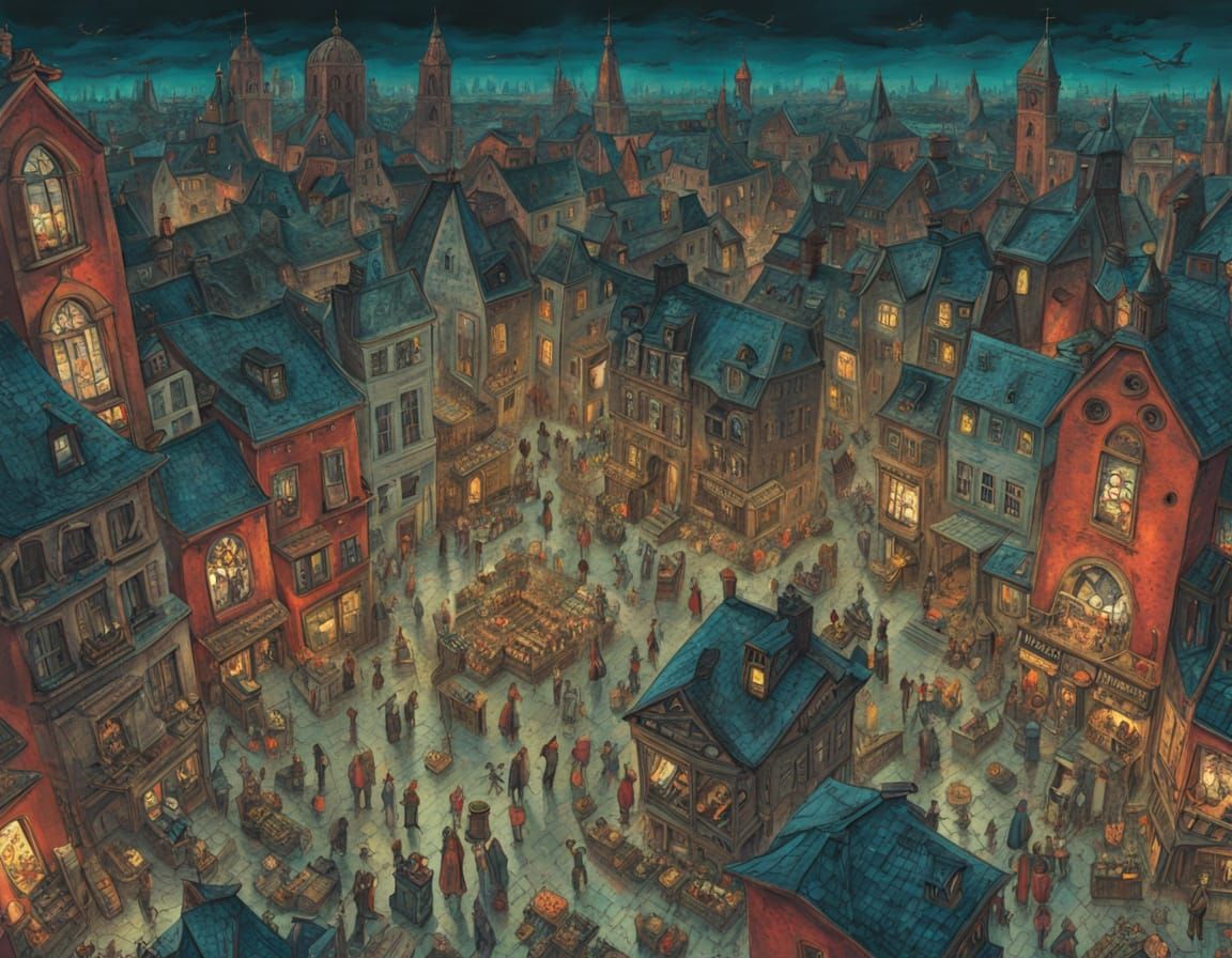 Surreal Dystopian City Square in Bosch Style