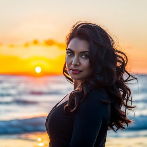 Glamour Shot of Woman with Sunrise Ocean Backdrop