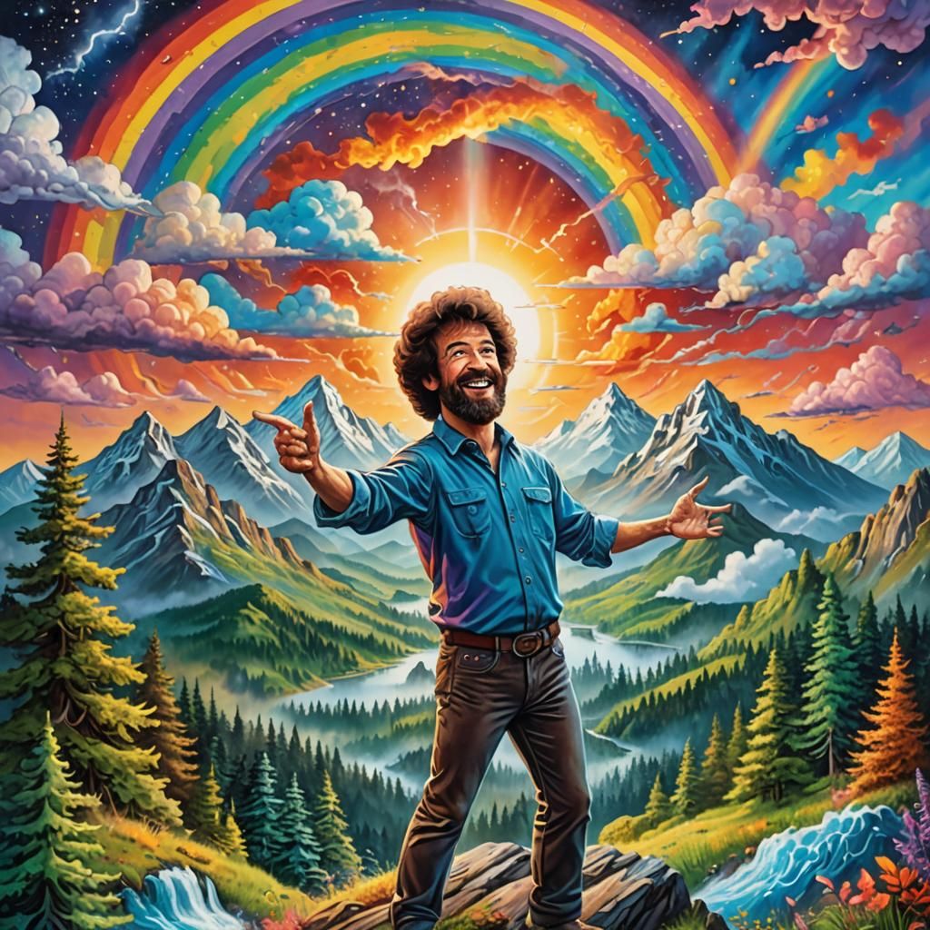 Bob Ross Action Painting with Unicorn in Astral Landscape