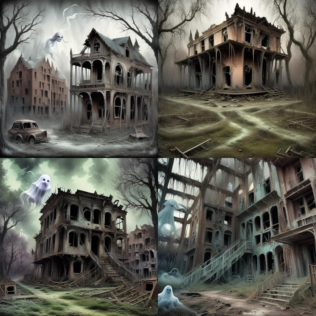 Ethereal Ghost Town in Dark Fantasy Forest