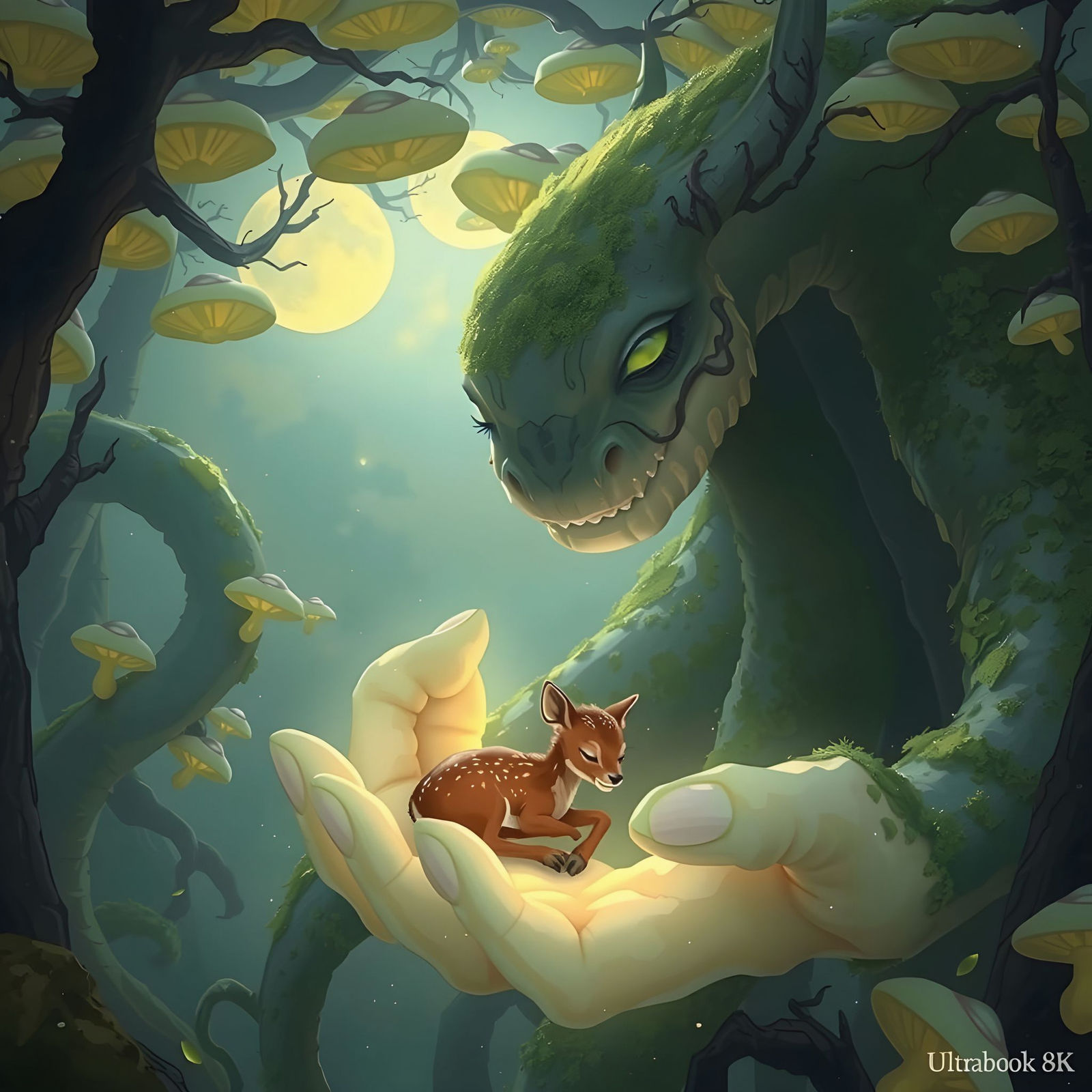 Moss Leviathan Cradles Sleeping Fawn in Glowing Forest
