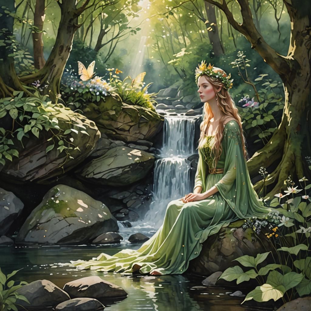 Watercolour Queen of the Fairy folk sitting on a rock by the...