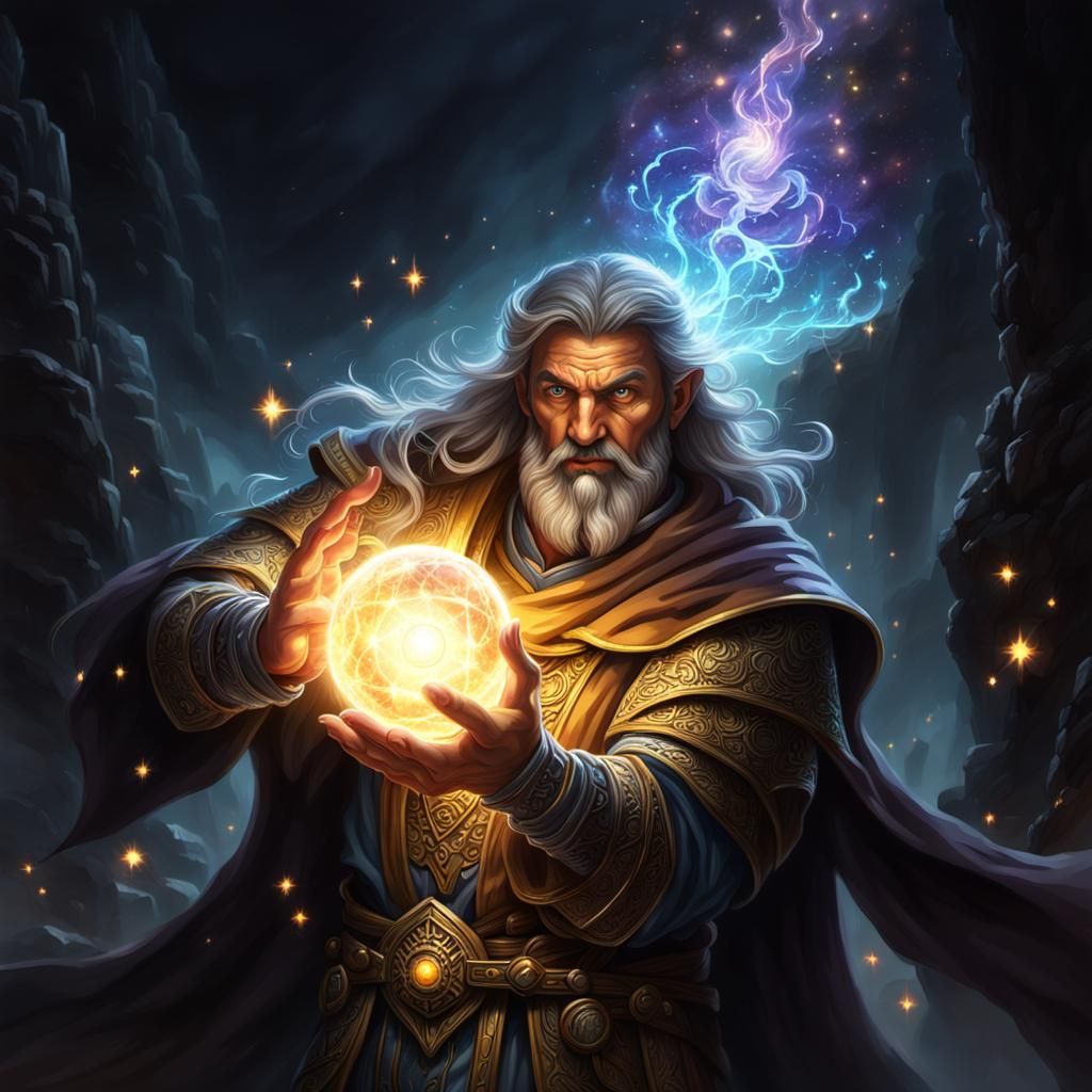 Powerful Cleric Radiating Divine Magic in Cavern